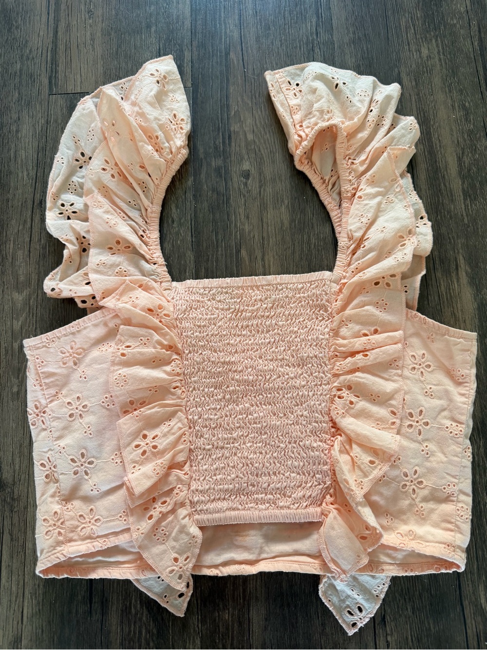 H&M Peach Ruffle Sleeve Eyelet Embroidery Tank Top Stretch Shirt Blouse Summer M - Picture 7 of 12